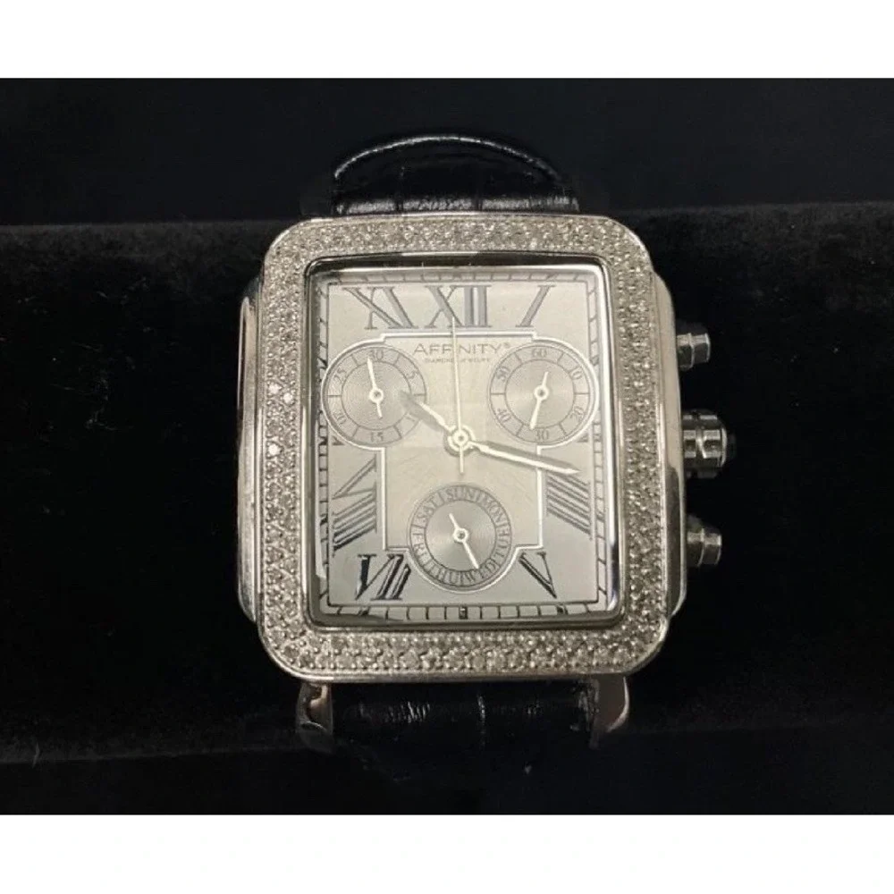 Affinity Silver Tone Square Chrono Style Watch Crystal Bezel Black Leather Strap